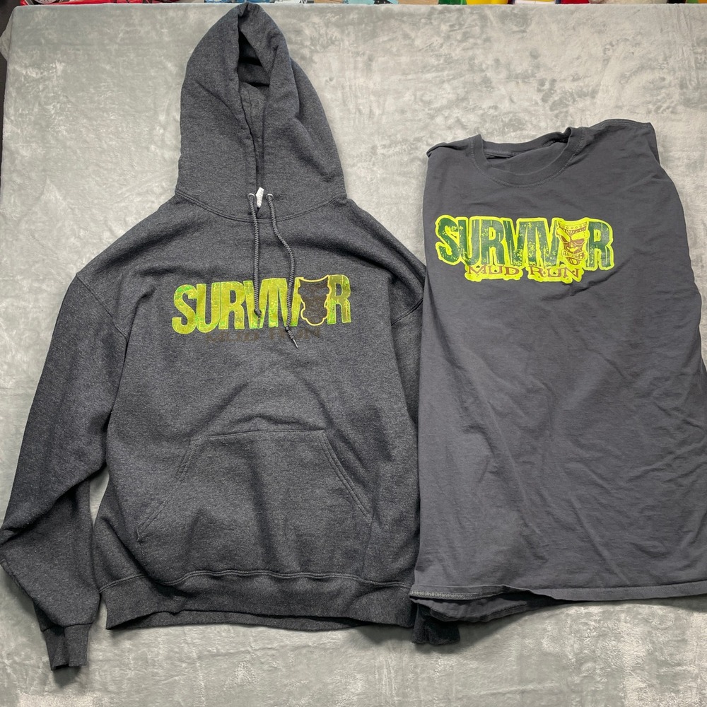 Survivor Mud Run Bundle Mens XL Gray Hoodie and T-Shirt‎ Graphic Set